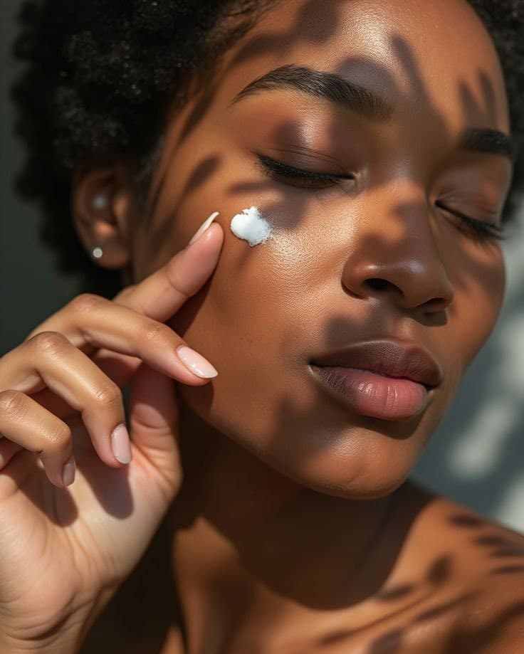 A woman with her eyes closed smoothing a dab of moisturiser onto her cheek in soft sunlight