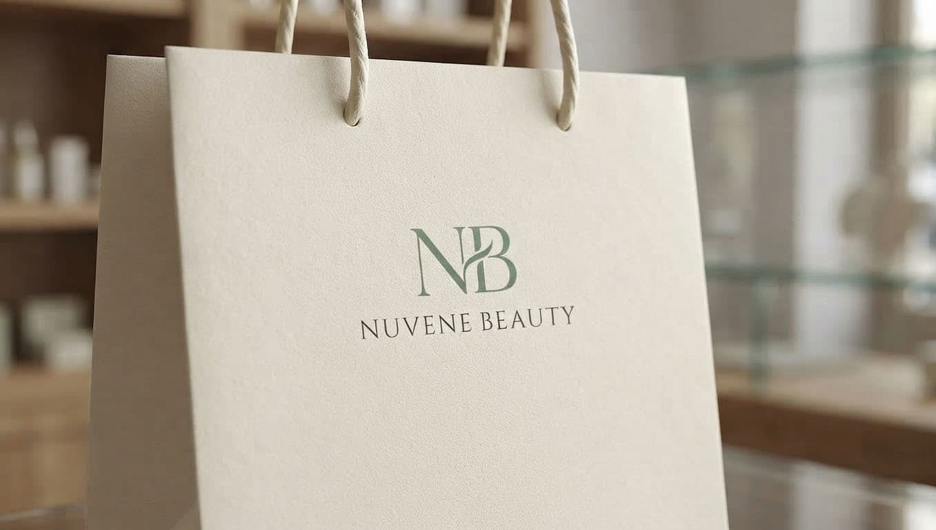 A Nuvene Beauty paper shopping bag on a store counter