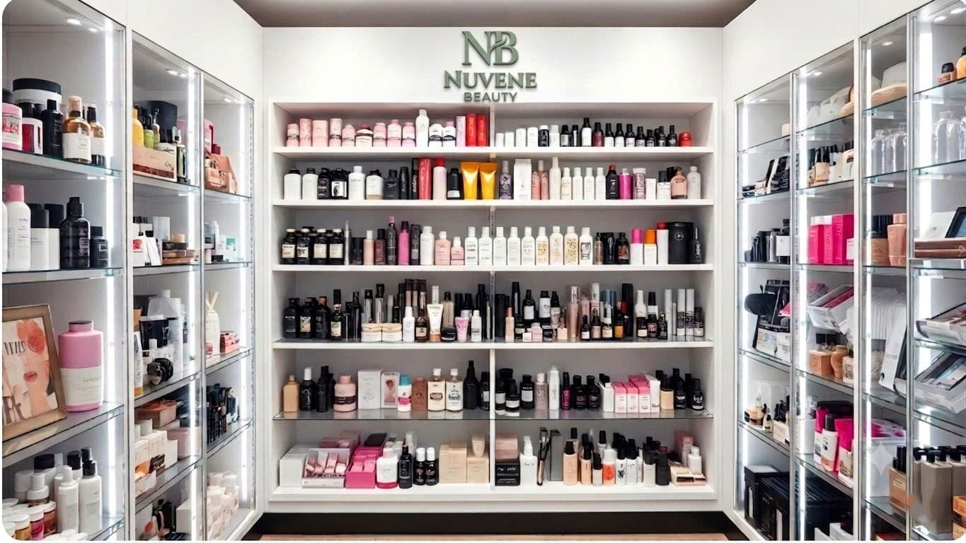 Shelves of skincare in a bright Nuvene Beauty store